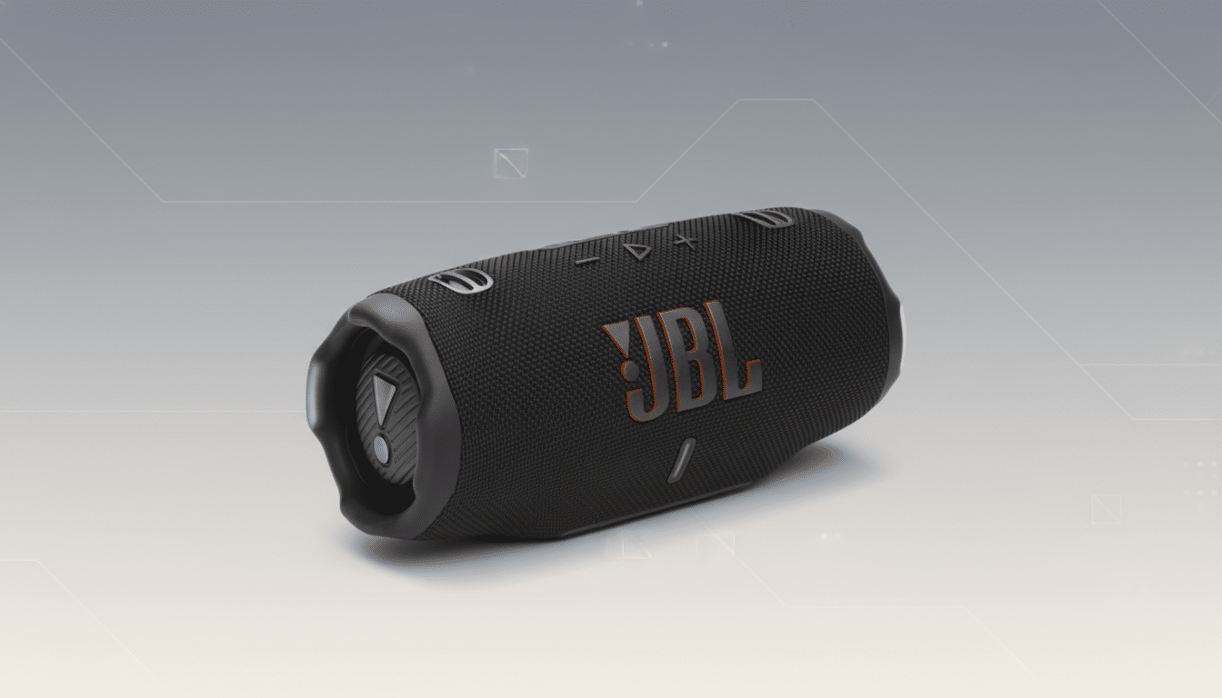 A black JBL portable speaker with orange lettering, presented on a professional flat design background with soft patterns and gradients.