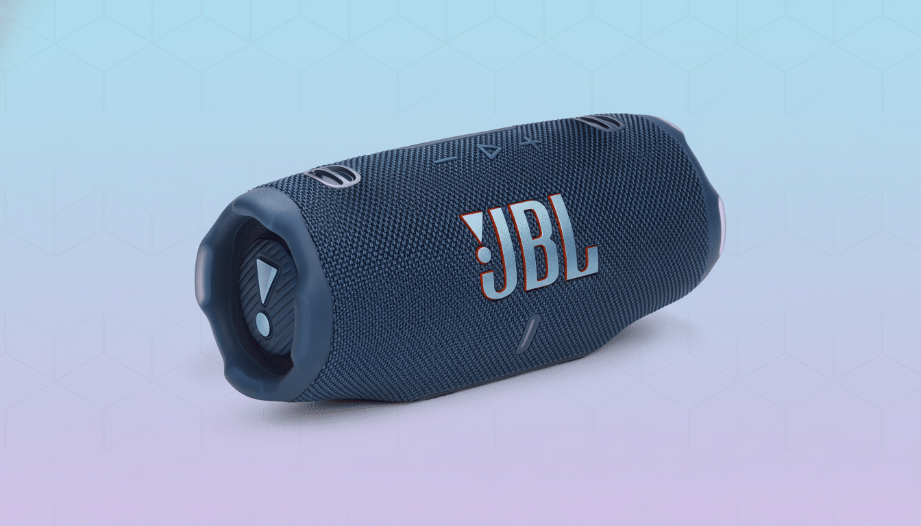 A blue JBL Charge 5 portable Bluetooth speaker on a professional flat design background with soft blue and purple gradients.