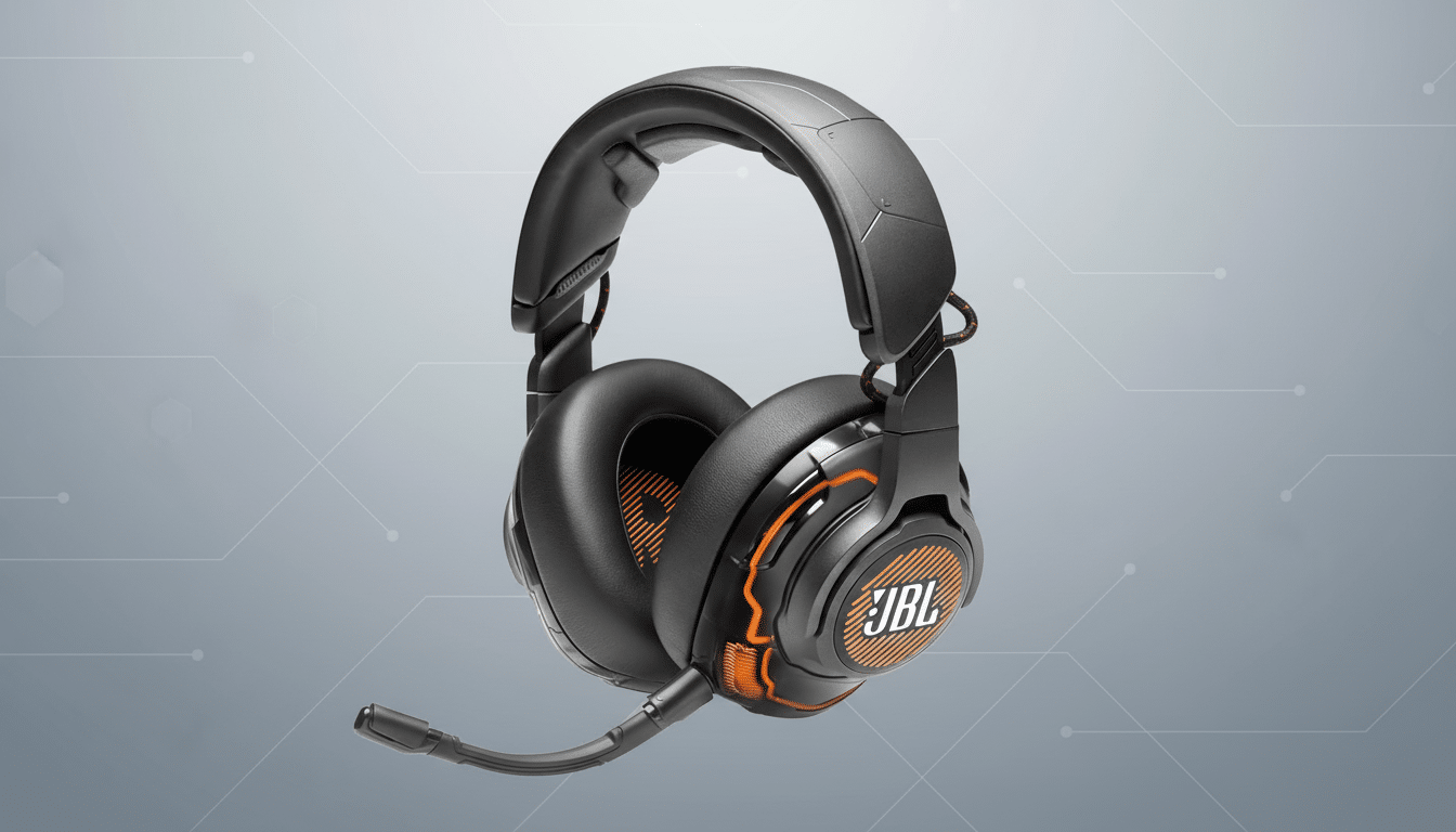 A pair of black JBL gaming headphones with orange accents and a microphone, presented on a professional gray background with subtle geometric patterns.