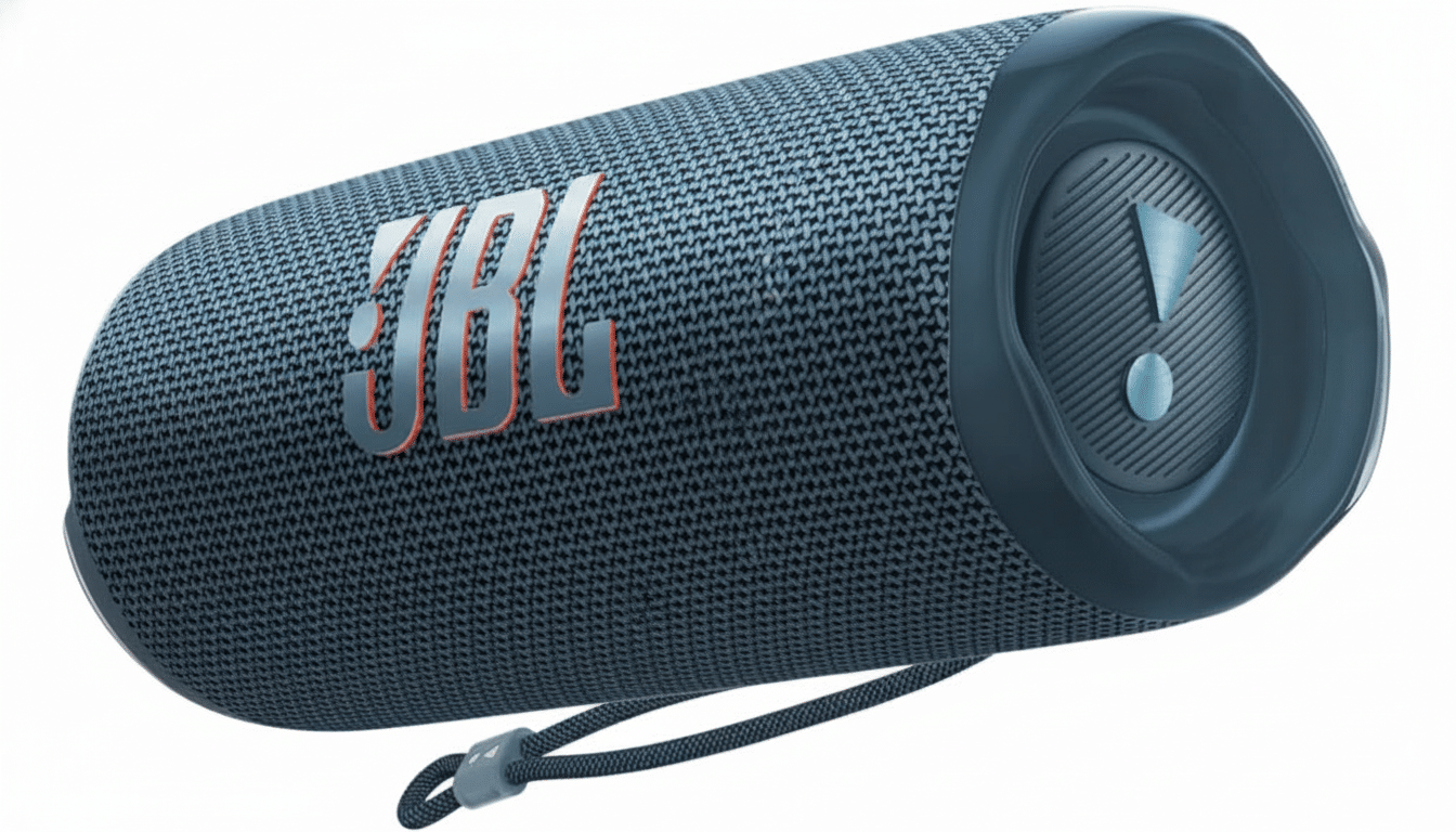 A JBL Flip 6 portable Bluetooth speaker in a dark blue color, with the JBL logo prominently displayed.