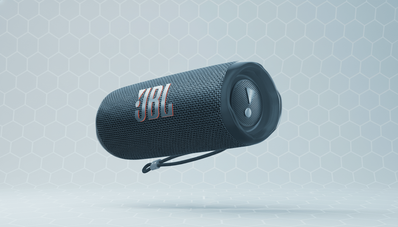 A black JBL Flip 6 portable Bluetooth speaker with an orange JBL logo and an exclamation mark on the side, set against a light blue background with a subtle hexagonal pattern.