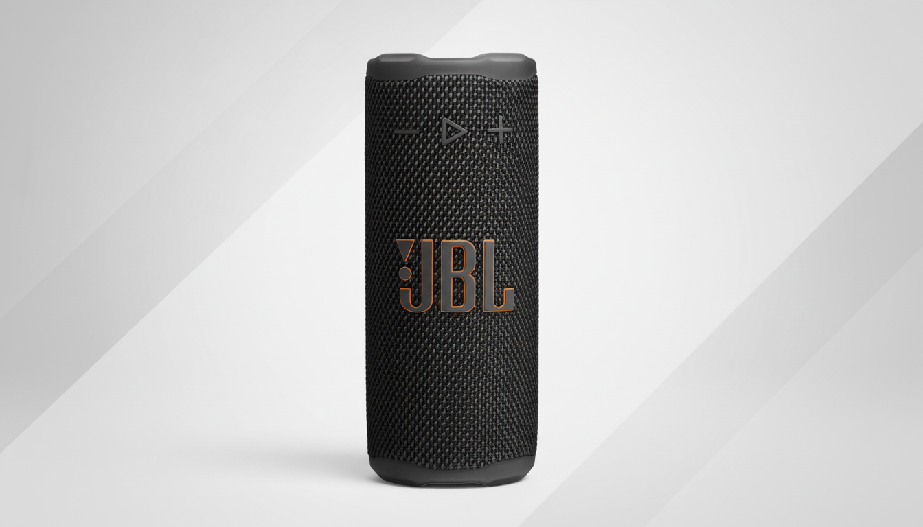 A black JBL Flip 6 portable Bluetooth speaker with an orange JBL logo on a professional flat design background with soft gray and white patterns.