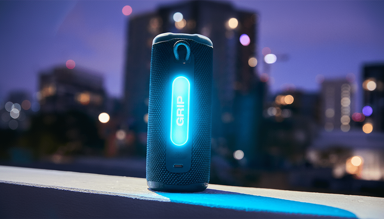 A dark blue portable speaker with a glowing blue GRIP logo, set against a blurred city night background.