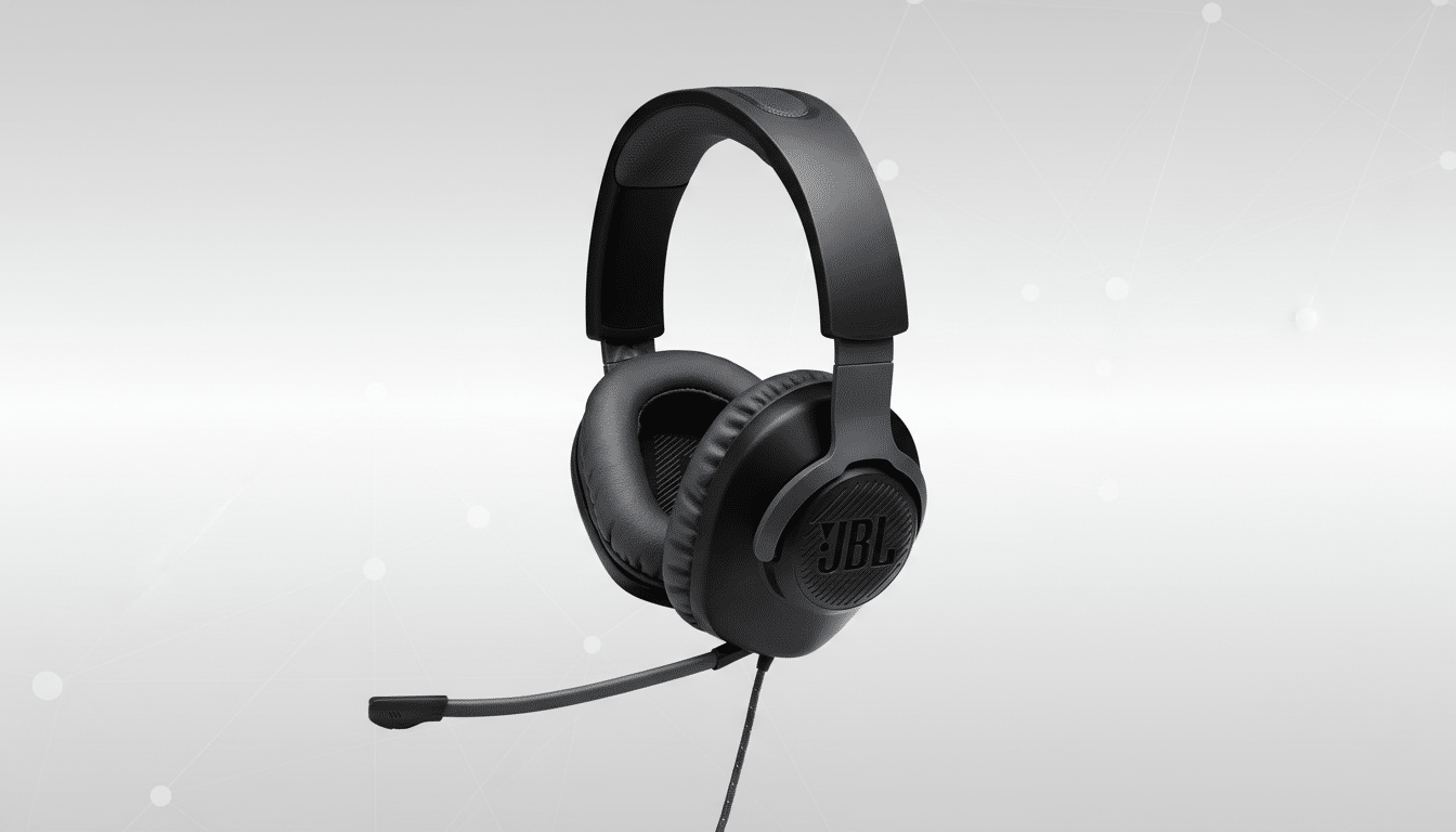 A black JBL gaming headset with a microphone, presented on a professional light gray background with subtle geometric patterns, resized to a 16:9 aspect ratio.