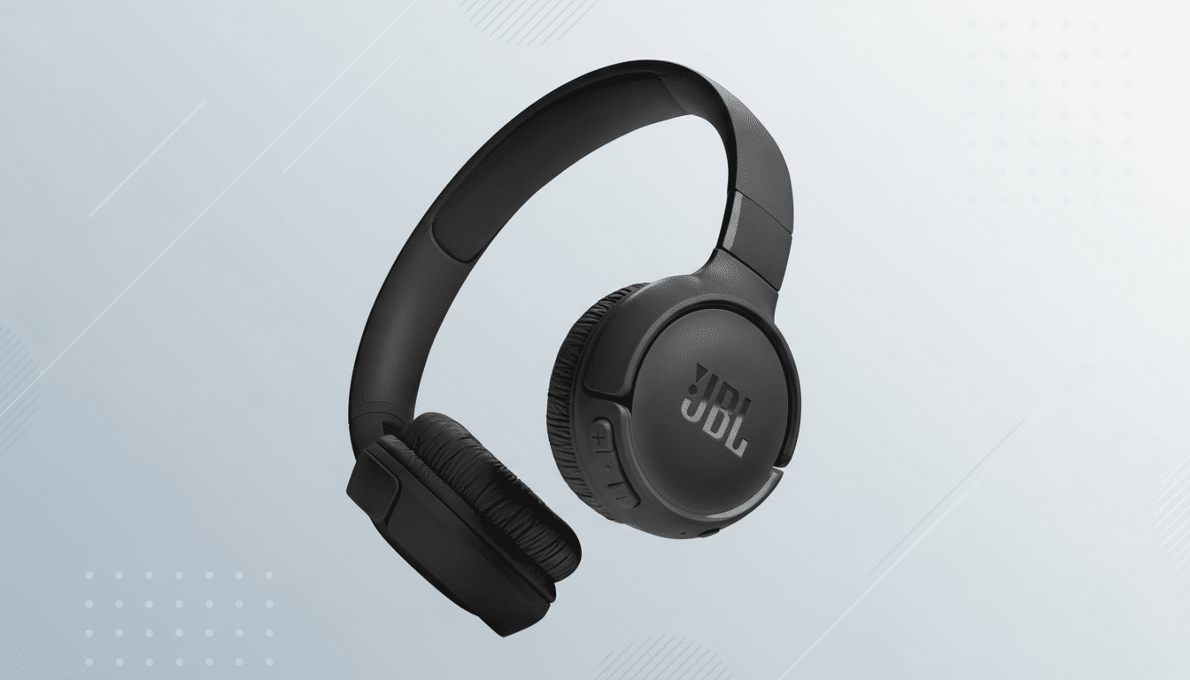 A pair of black JBL headphones presented on a professional flat design background with soft patterns and gradients.