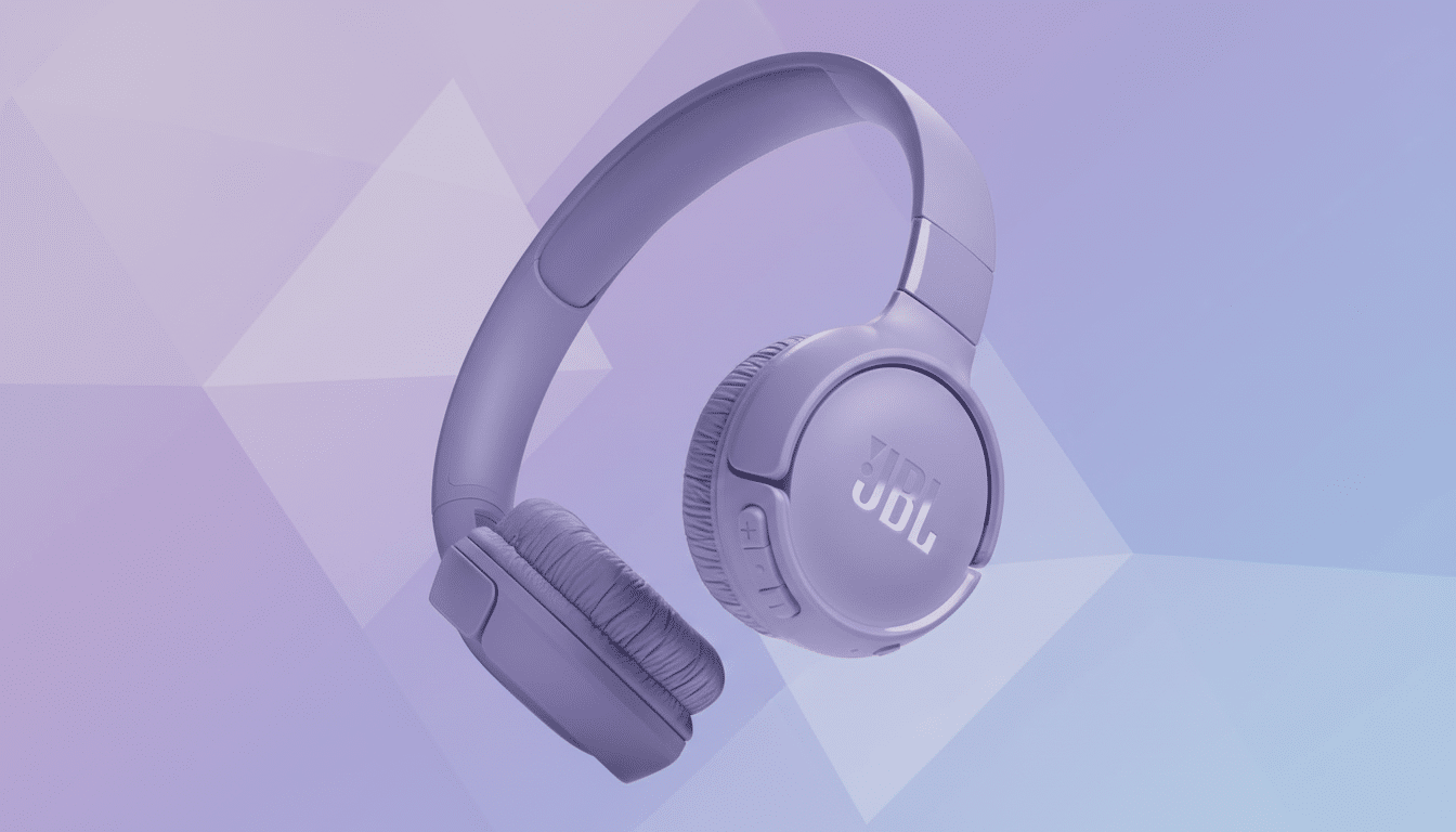 A pair of purple JBL headphones on a soft gradient background with subtle geometric patterns.
