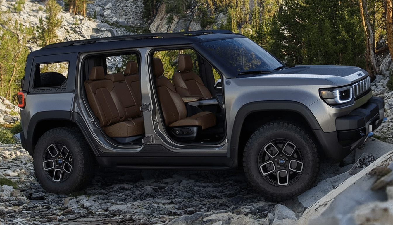 A gray Jeep with brown interior seats, parked on a rocky terrain with trees and mountains in the background.