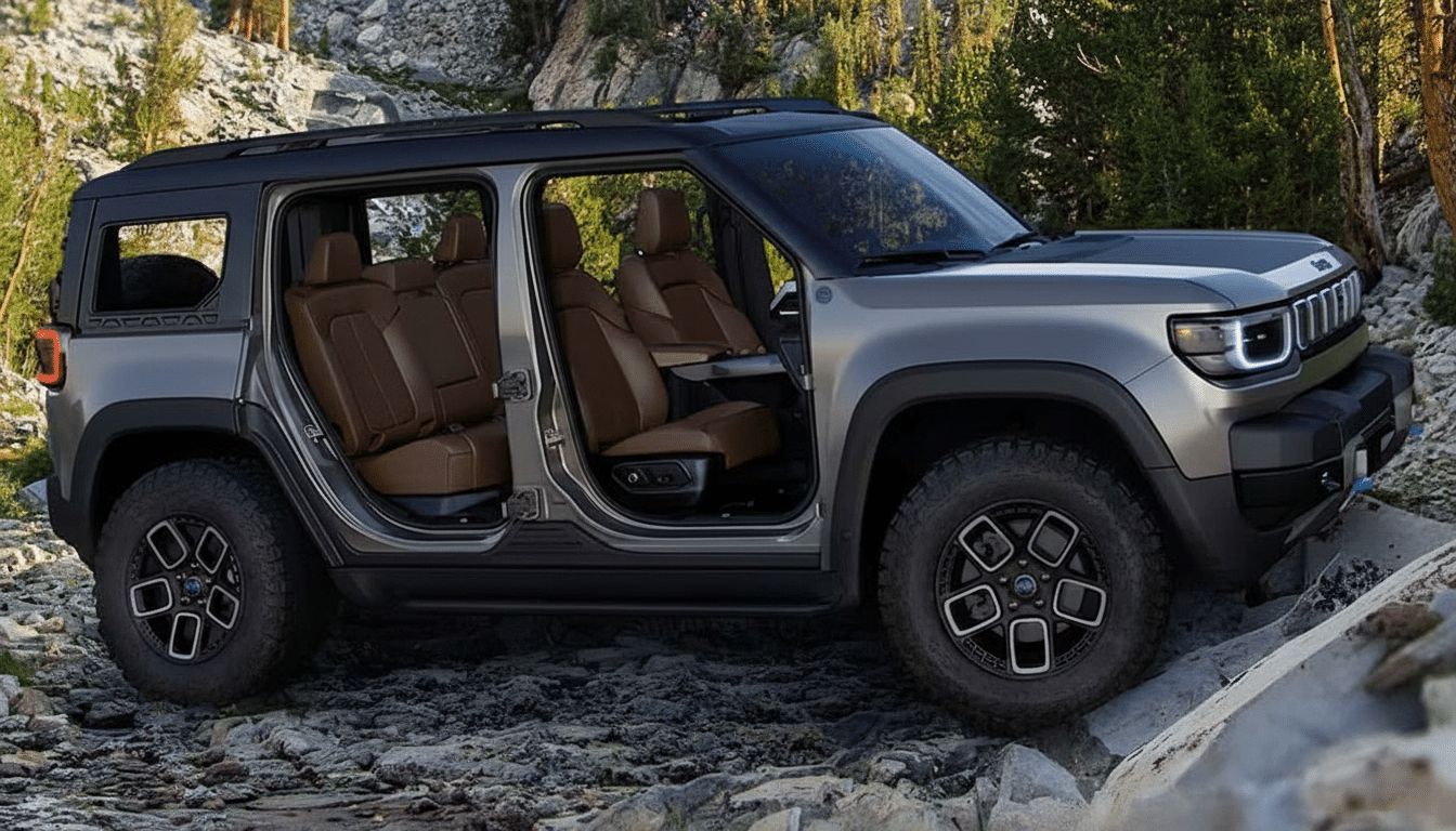 A gray Jeep Recon parked on a rocky, mountainous terrain with its doors open, revealing brown leather seats.