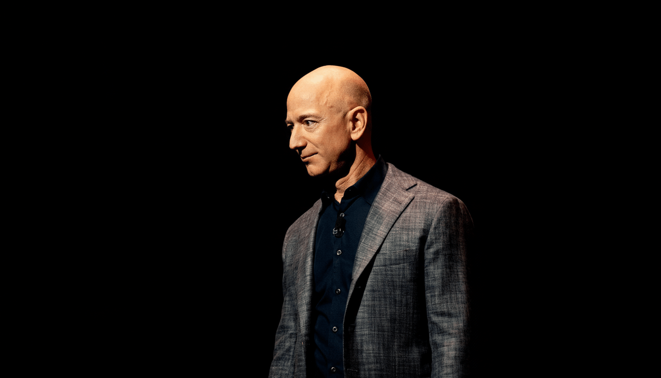 A professional, enhanced image of Jeff Bezos in a suit, resized to a 16:9 aspect ratio, maintaining the original dark background.
