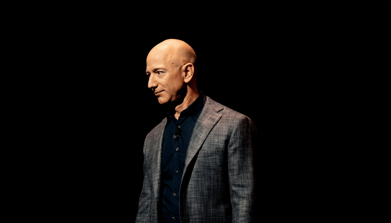 A professional, enhanced image of Jeff Bezos in a suit, resized to a 16:9 aspect ratio, maintaining the original dark background.