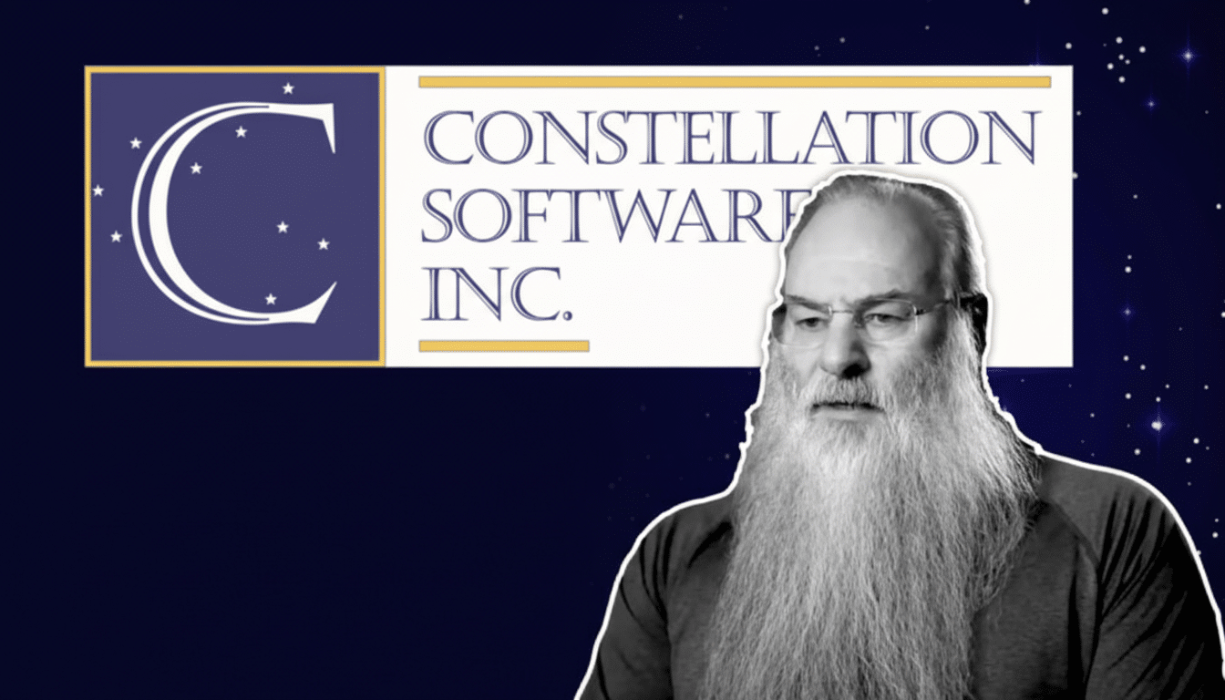 A man with a long white beard and glasses, wearing a dark shirt, is shown in the foreground. Behind him, the logo for Constellation Software Inc. is displayed, featuring a stylized C with stars on a blue background and the company name in text. The background is a dark blue with small white stars.