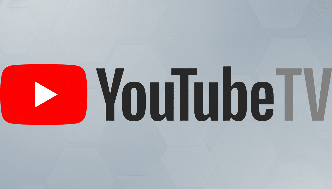 The YouTube TV logo, featuring the red play button icon and YouTube TV text, presented on a professional light gray background with subtle hexagonal patterns.
