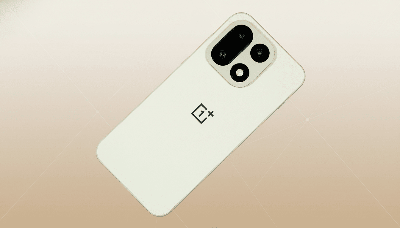 A white OnePlus smartphone with a black camera module is displayed on a professional flat design background with soft patterns and gradients.