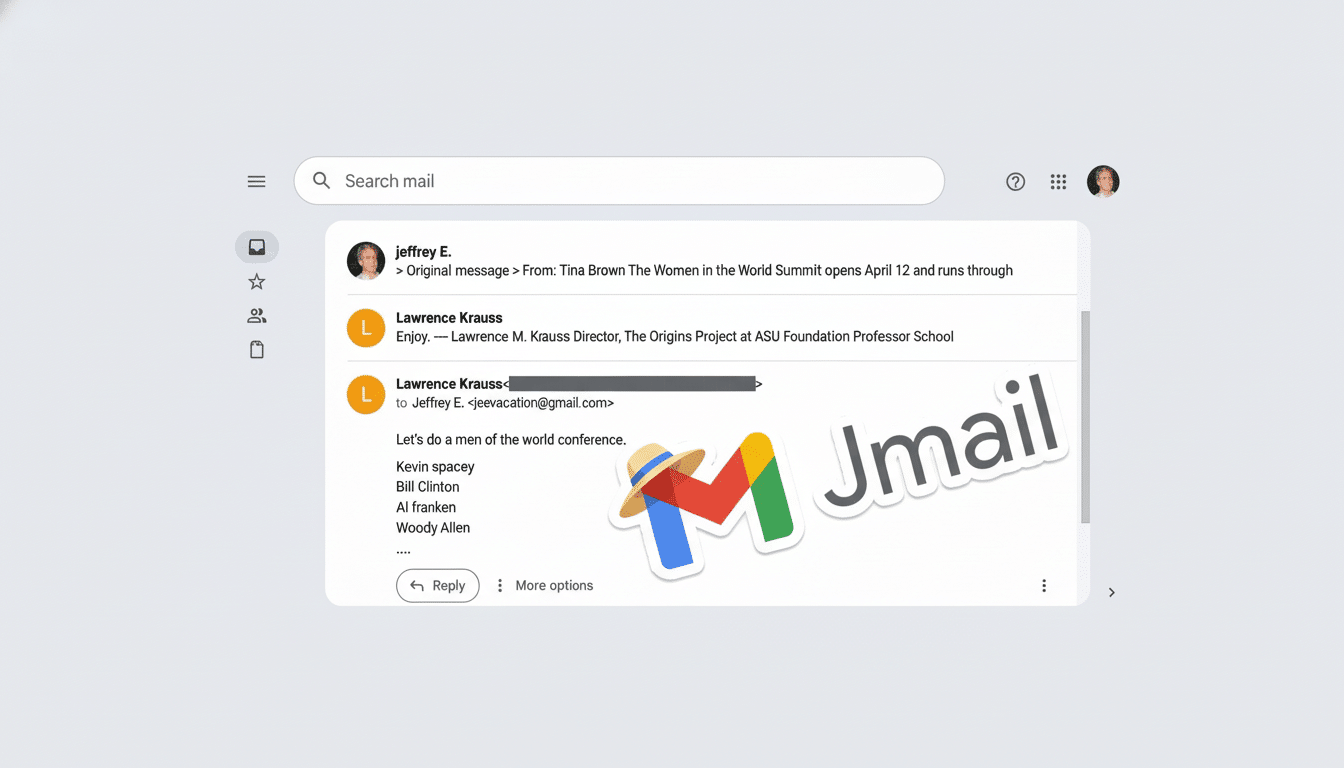 A screenshot of a Gmail interface with a custom Jmail logo and a straw hat on the Gmail icon, displaying an email from Lawrence Krauss.