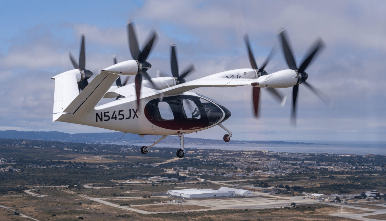 A white electric vertical takeoff and landing (eVTOL) aircraft with the tail number N545JX flies over a landscape with a town and the ocean in the background.