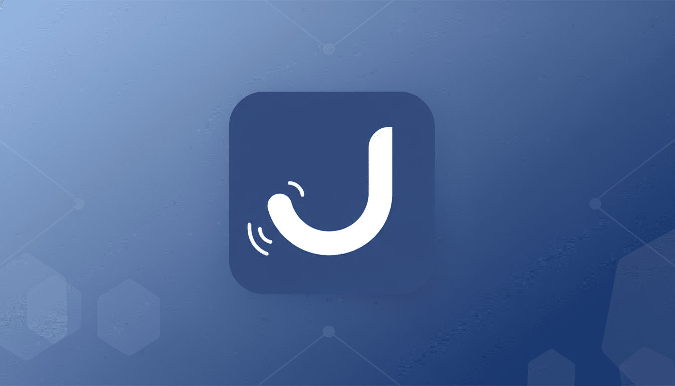 A blue app icon with a white stylized J logo, featuring small white arcs indicating motion at the bottom left of the J. The icon is centered on a professional 16:9 aspect ratio background with a soft blue gradient and subtle geometric patterns.