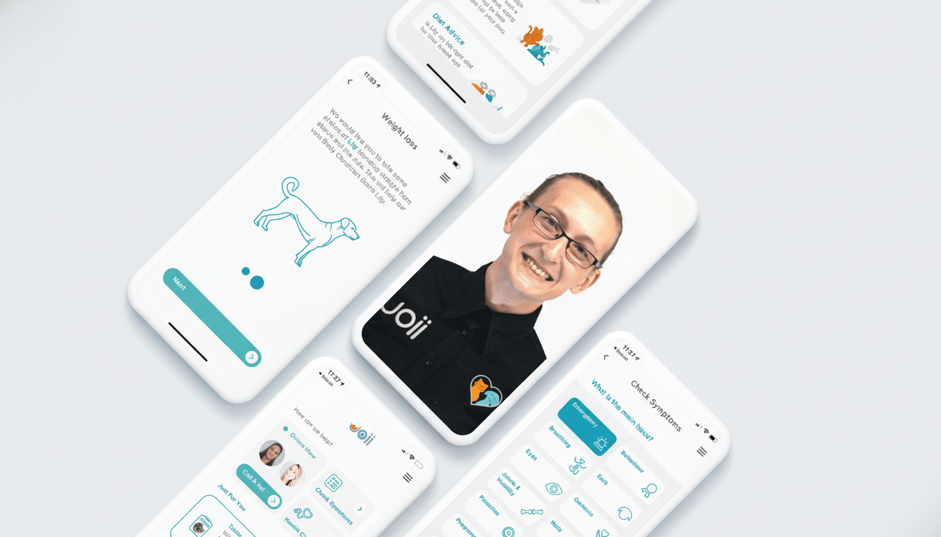 A 16:9 aspect ratio image of multiple smartphones displaying the Joii Pet Care app, with one phone prominently featuring a smiling man.