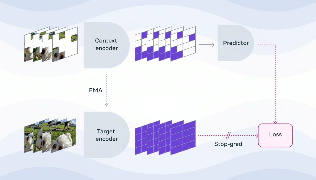 A diagram illustrating a machine learning model with a context encoder, target encoder, predictor, and loss function, showing the flow of data and the EMA (Exponential Moving Average) connection.