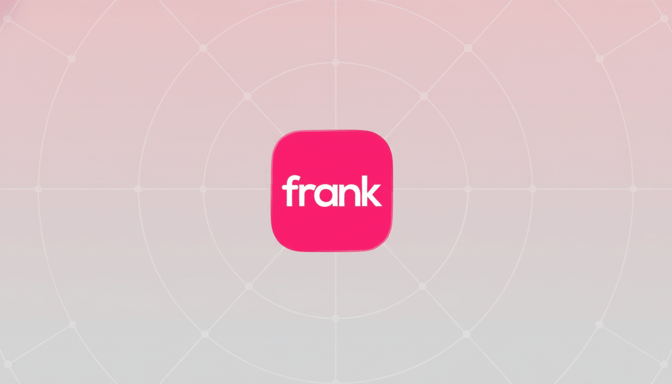 The Frank app icon, a white lowercase frank on a rounded pink square, centered on a professional 16:9 background with a subtle light pink and grey gradient and a faint geometric pattern.