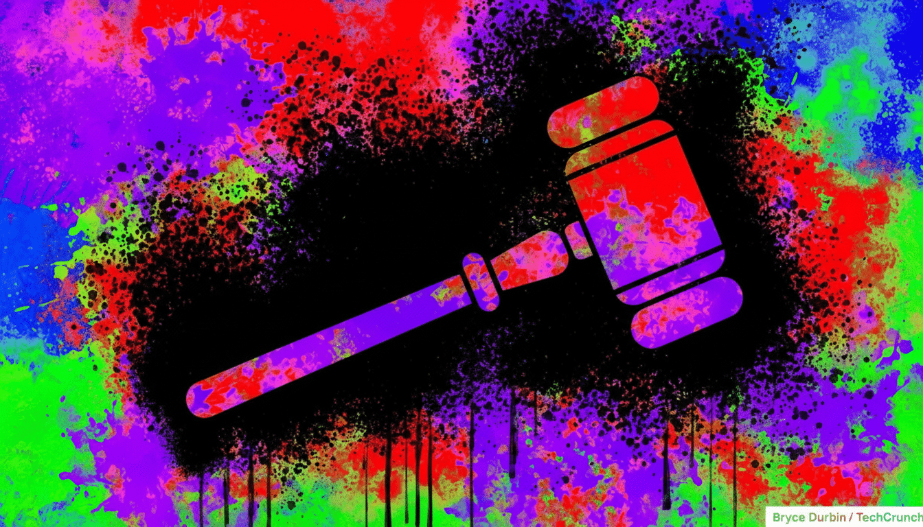 A vibrant, colorful image featuring a stylized gavel in shades of red and purple, set against a black background with splashes of various bright colors like blue, green, and pink, creating a dynamic, paint-splattered effect.