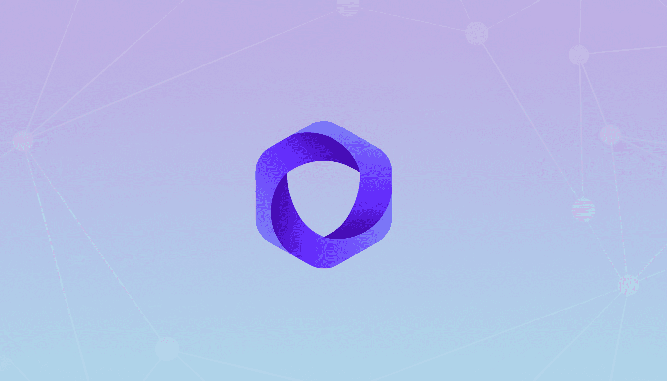 A purple and blue abstract hexagonal logo with a triangular void in the center, set against a professional light purple and blue gradient background with subtle geometric patterns.