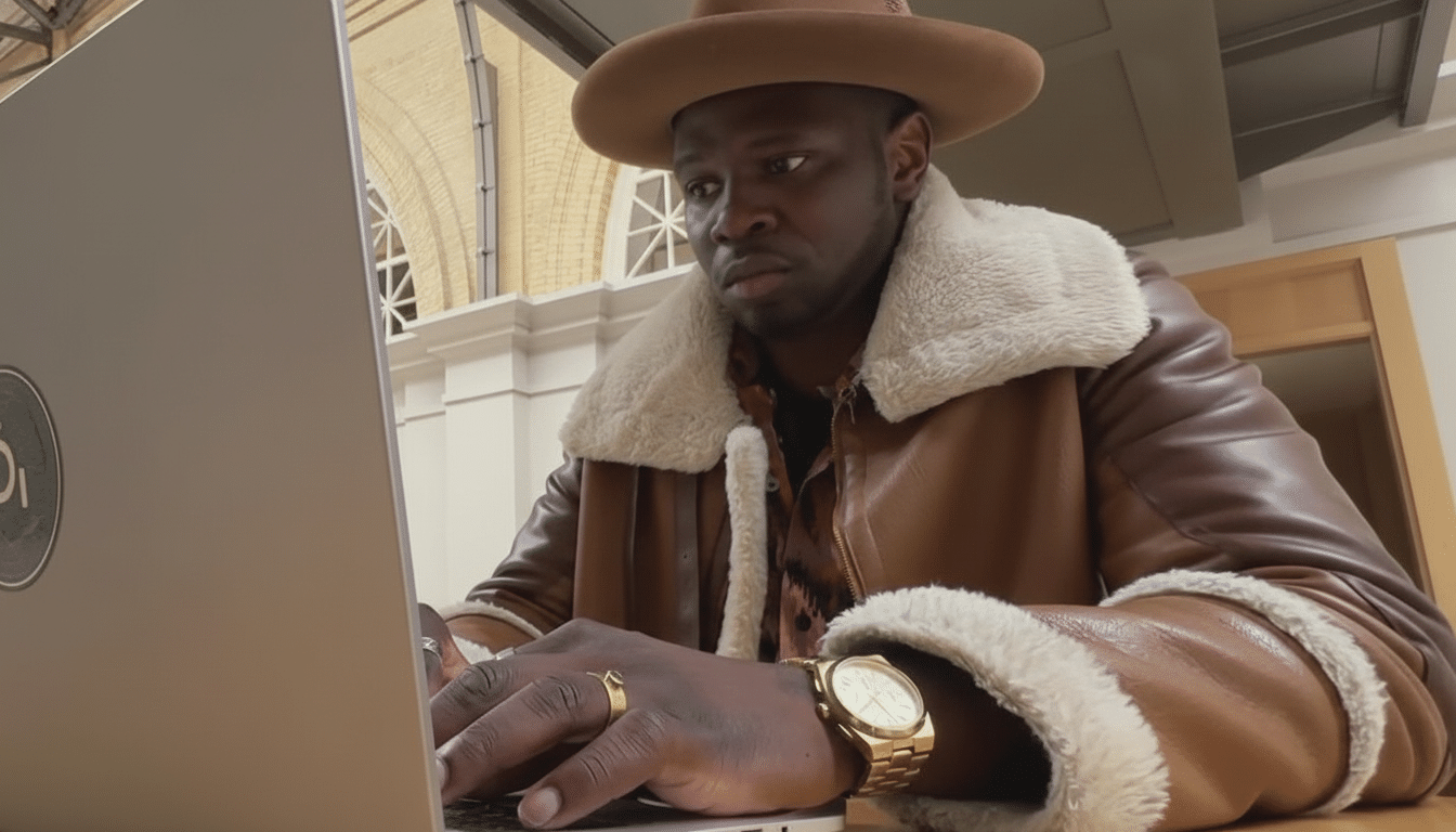 A man in a brown hat and a brown leather jacket with a fur collar, wearing a gold watch and ring, looking intently at a laptop screen.