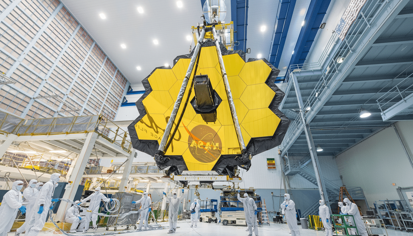 The James Webb Space Telescopes primary mirror, a large golden hexagonal structure, is being prepared by technicians in a clean room.