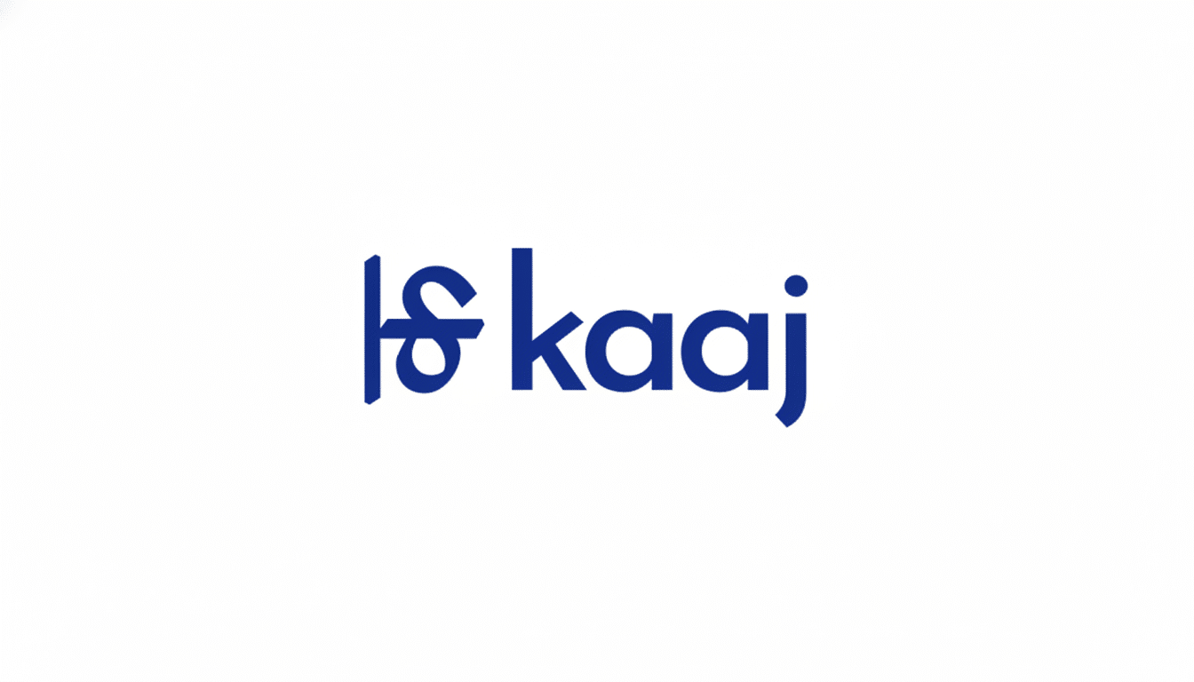 The kaaj logo in a 16:9 aspect ratio, featuring the word kaaj in blue lowercase letters with a stylized blue symbol resembling ls to its left, all set against a clean white background.