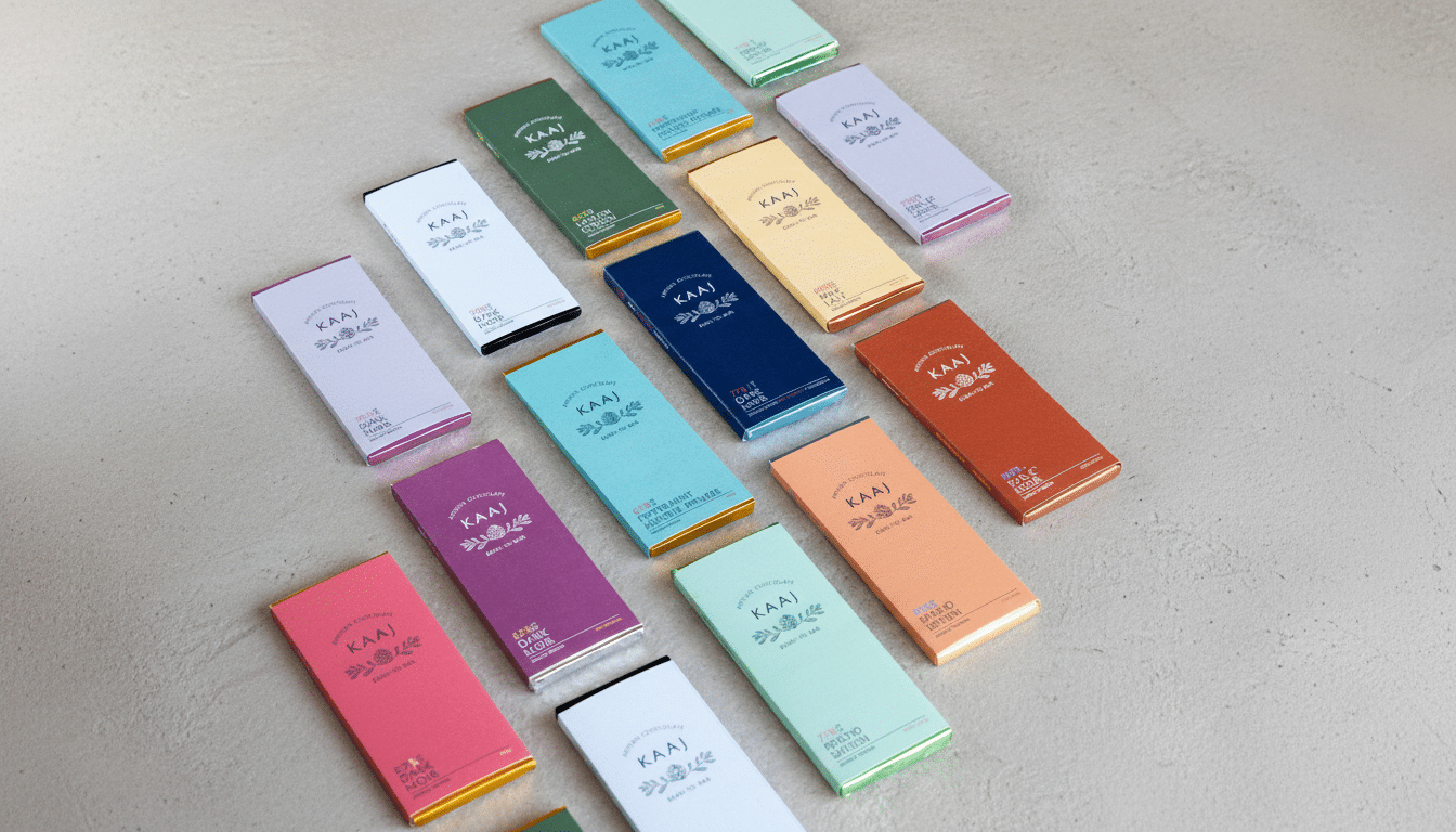 A flat lay of various colorful KAAJ chocolate bars arranged diagonally on a light gray surface.