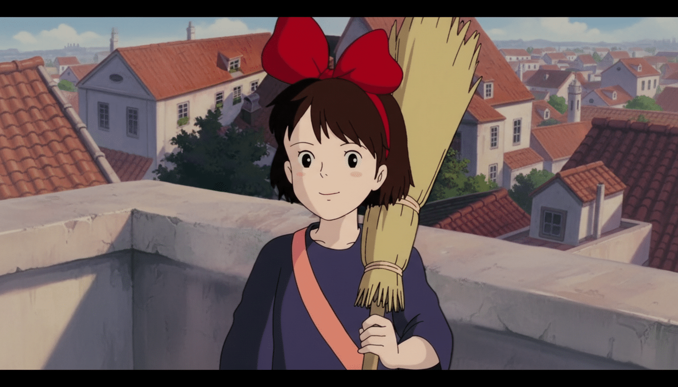 A young animated girl with a red bow in her hair and a broom over her shoulder, standing on a rooftop with a town in the background.