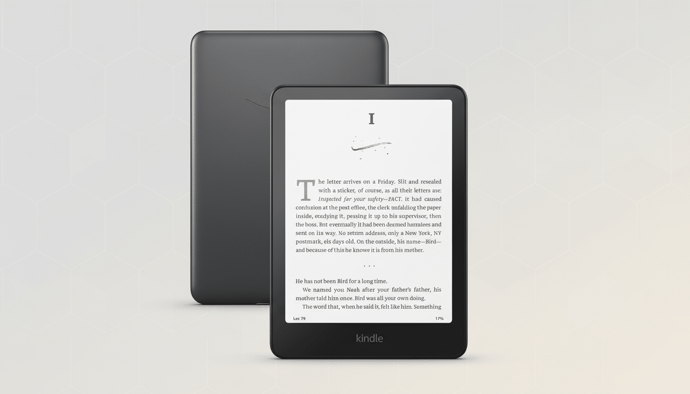 A Kindle e-reader with a book displayed on its screen, set against a professional flat design background with soft geometric patterns.