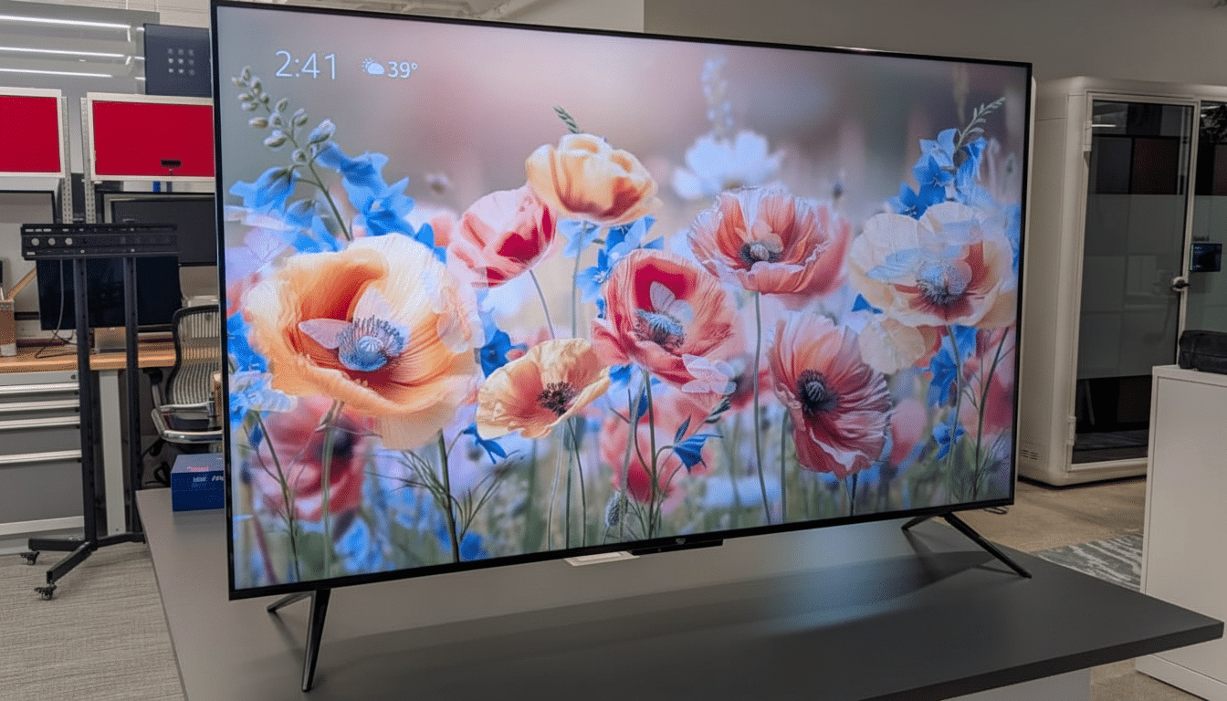 A large television displaying a vibrant floral image, set in a modern office environment.