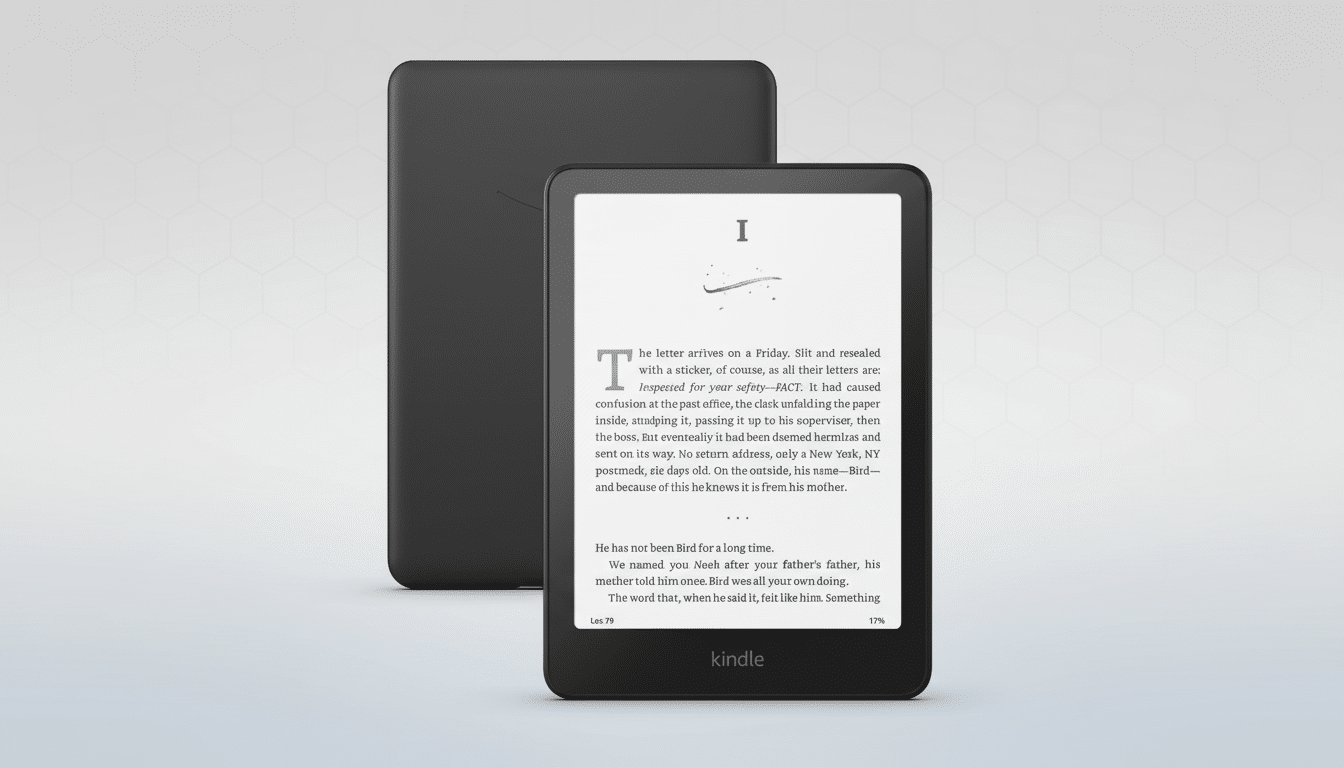 A black Kindle e-reader displaying text on its screen, with another black Kindle e-reader behind it, set against a professional flat design background with soft patterns.