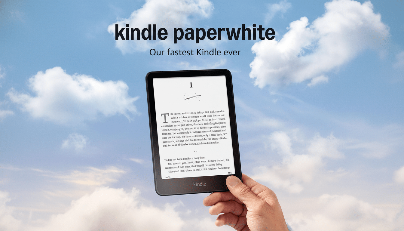 A hand holding a Kindle Paperwhite e-reader against a blue sky with white clouds. The screen displays text, and the top of the image features the text kindle paperwhite Our fastest Kindle ever.