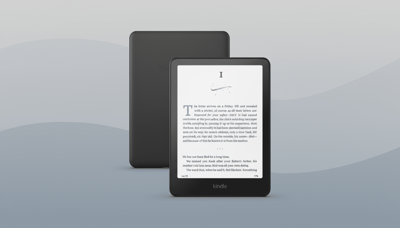 A Kindle e-reader with a book displayed on its screen, set against a professional flat design background with soft patterns.