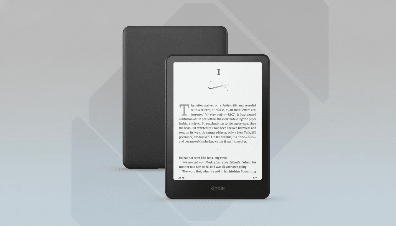 A black Kindle e-reader displaying text on its screen, with another Kindle device behind it, set against a professional flat design background with soft patterns.