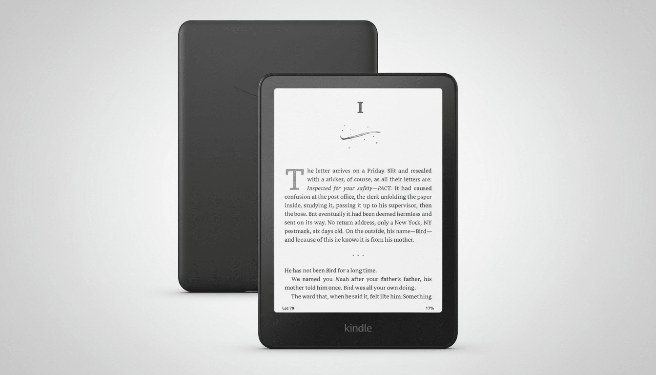 A black Kindle e-reader with a white screen displaying text, positioned in front of another black Kindle, all set against a clean, professional light gray background.