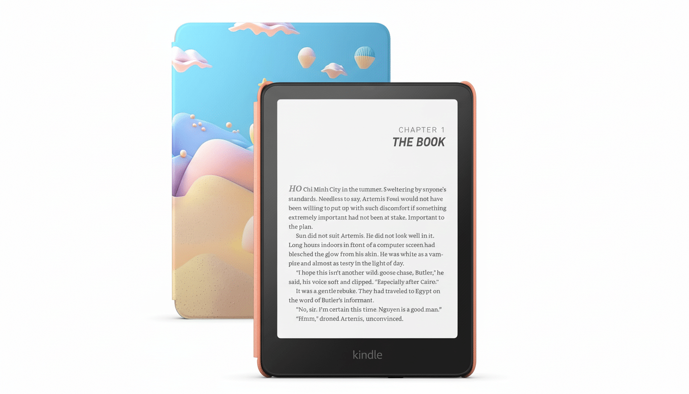 A Kindle e-reader with a peach-colored case is displayed in the foreground, showing a book titled THE BOOK on its screen. Behind it, a tablet with a light blue and peach-colored abstract landscape background is partially visible. The overall image is set against a clean, professional light gray background.