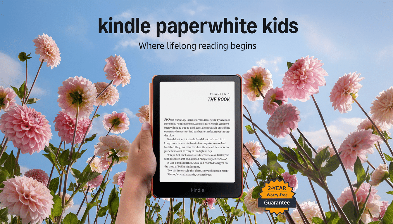 A Kindle Paperwhite Kids e-reader held in a hand, surrounded by pink flowers against a blue sky, with the text kindle paperwhite kids Where lifelong reading begins at the top and a 2-YEAR Worry-free Guarantee badge at the bottom right.