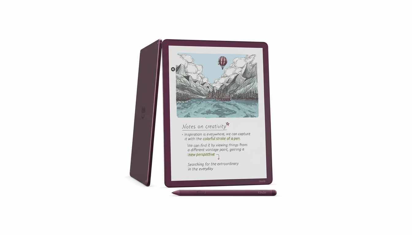 A purple Kindle Scribe and its stylus are displayed on a white background. The Kindles screen shows a drawing of a landscape with mountains, a lake, and a hot air balloon, along with text about creativity.