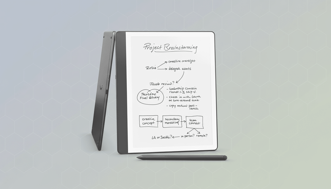 A reMarkable 2 tablet with a stylus, displaying a Project Brainstorming flowchart on its screen, set against a professional flat design background with soft patterns.