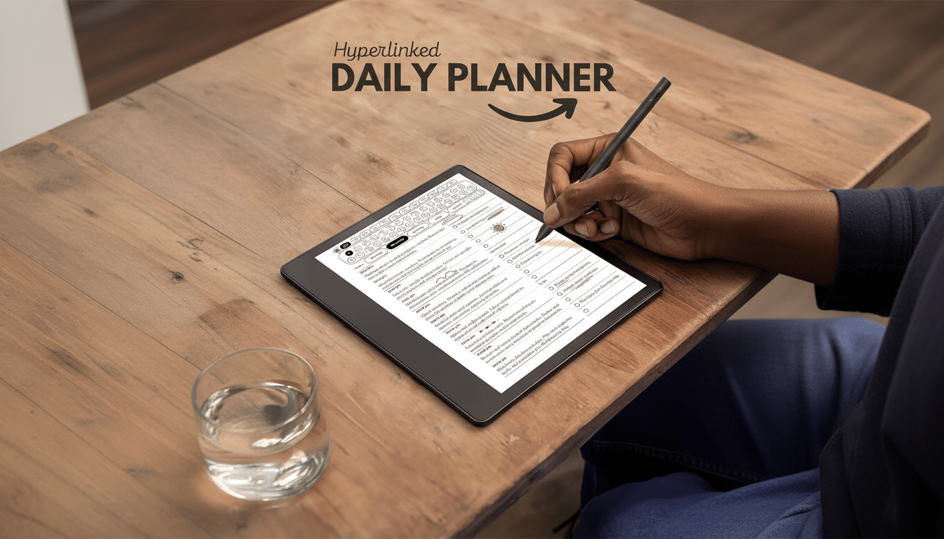 A persons hand writing on a digital daily planner displayed on a tablet, with a glass of water nearby, all on a wooden table.