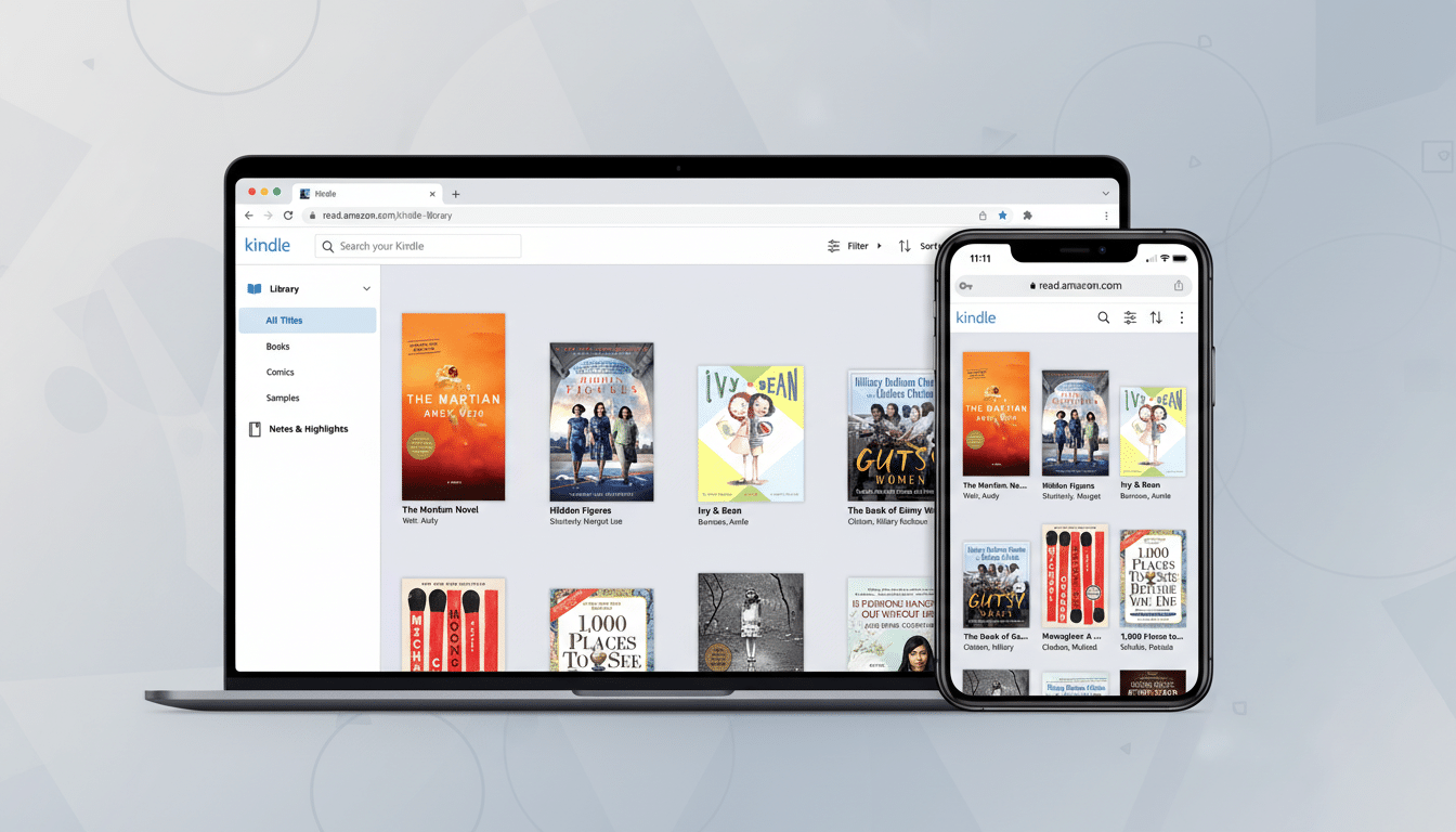 A laptop displaying the Kindle web library and a smartphone displaying the Kindle mobile app, both showing various book covers.