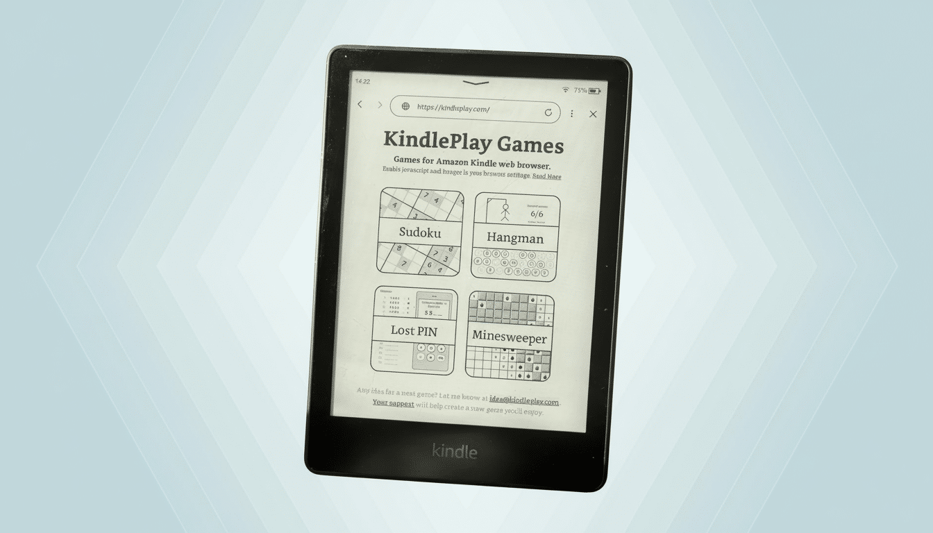 A Kindle device displaying the KindlePlay Games website, featuring Sudoku, Hangman, Lost PIN, and Minesweeper games, set against a professional flat design background with soft blue gradients.