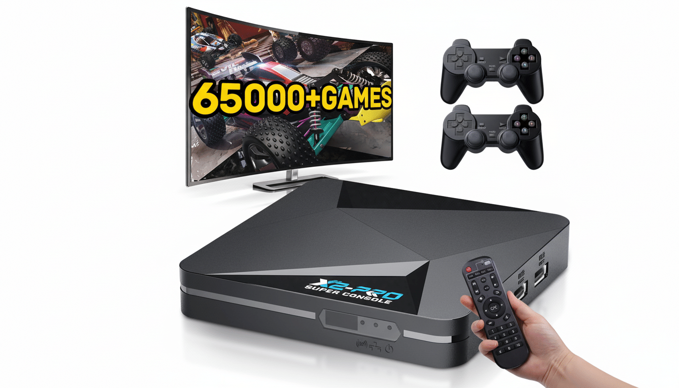 A black X2-PRO Super Console with a curved screen displaying a racing game and 65000+ GAMES text, two black game controllers, and a hand holding a remote control, all set against a white background.