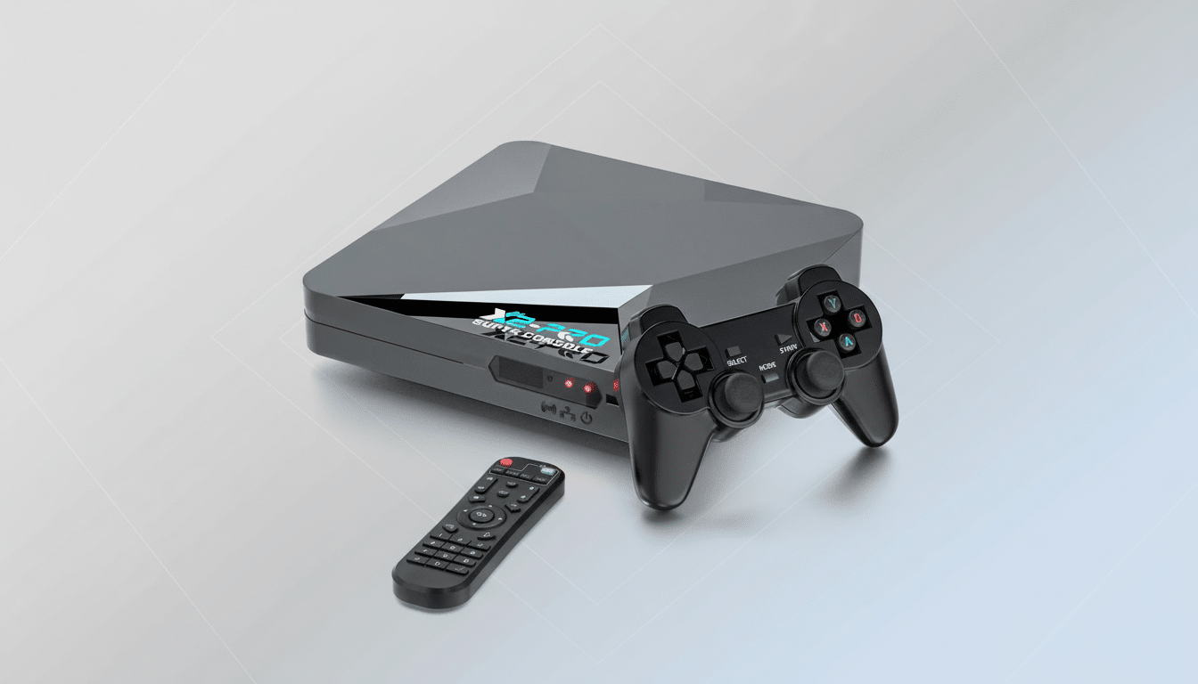 A sleek, dark gray Super Console X Pro gaming console with a black wireless controller and a black remote control, presented on a professional light gray background with subtle geometric patterns.