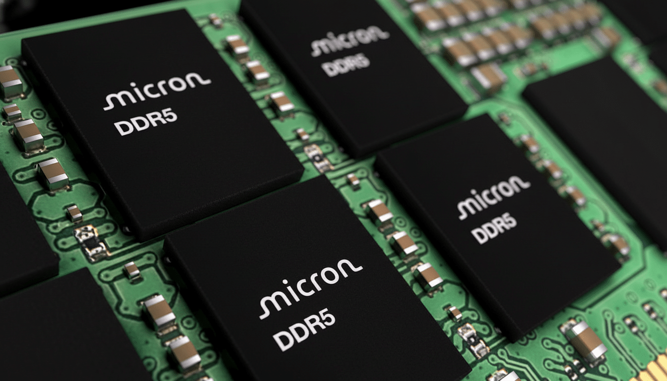 A close-up, professional shot of several black Micron DDR5 memory chips mounted on a green circuit board, presented in a 16:9 aspect ratio.