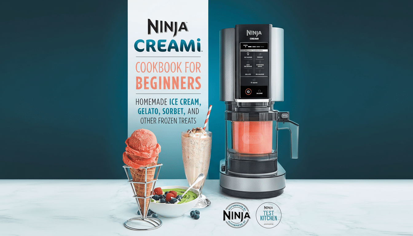 A Ninja CREAMi ice cream maker next to a cookbook, a scoop of ice cream in a cone, and a milkshake, all on a marble surface with a dark blue background.