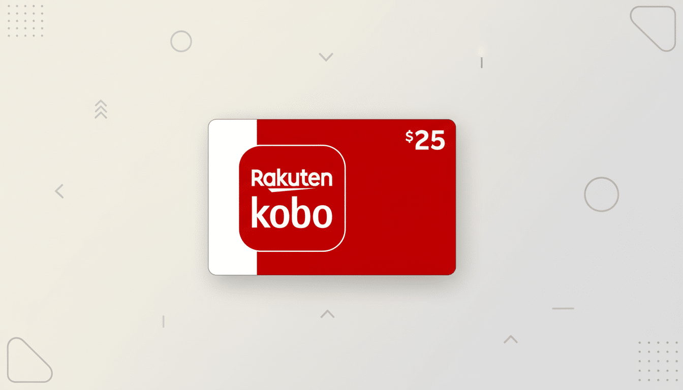 A $25 Rakuten Kobo gift card with a red and white design, centered on a light gray background with subtle geometric patterns.