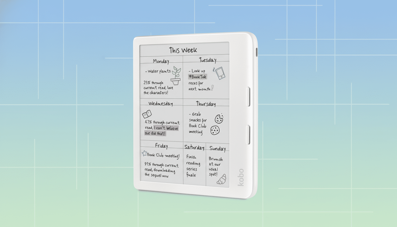 A white Kobo e-reader displaying a weekly planner with various tasks and reading progress, set against a professional flat design background with soft blue and white gradients and subtle grid patterns.